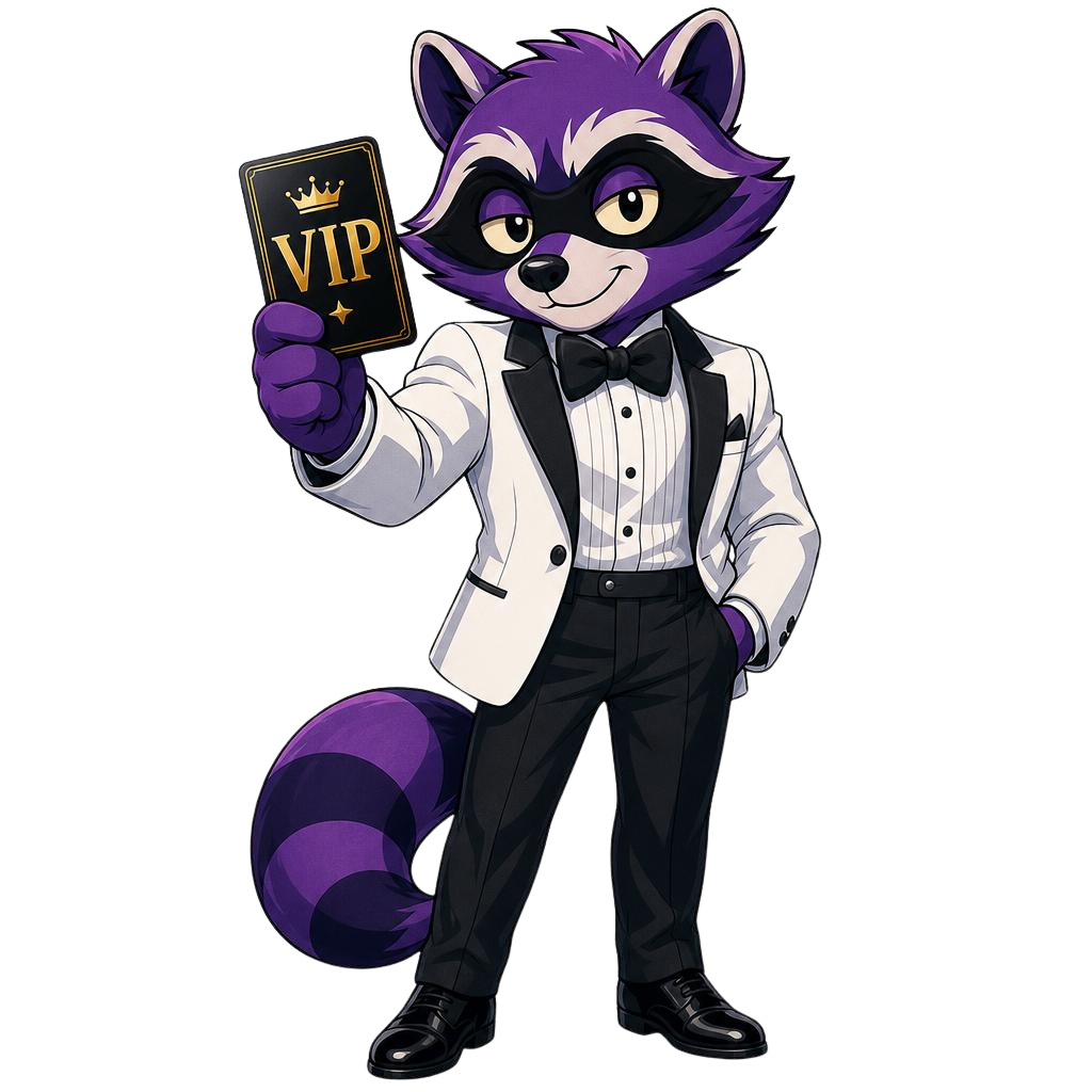 Degenious mascot in a white tuxedo holding a VIP card